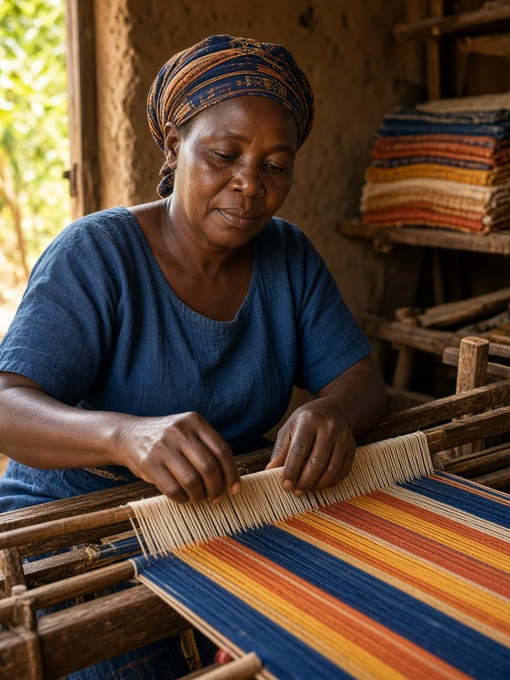 Ghanaian weaver at a wooden strip loom in Northern Ghana