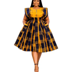 Gold Plaid Flare Dress