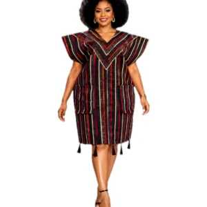 Wine Pinstripe Tassel Dress